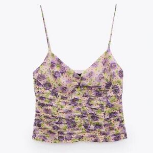 Zara Ruched Floral Spaghetti Strap Top Size Medium